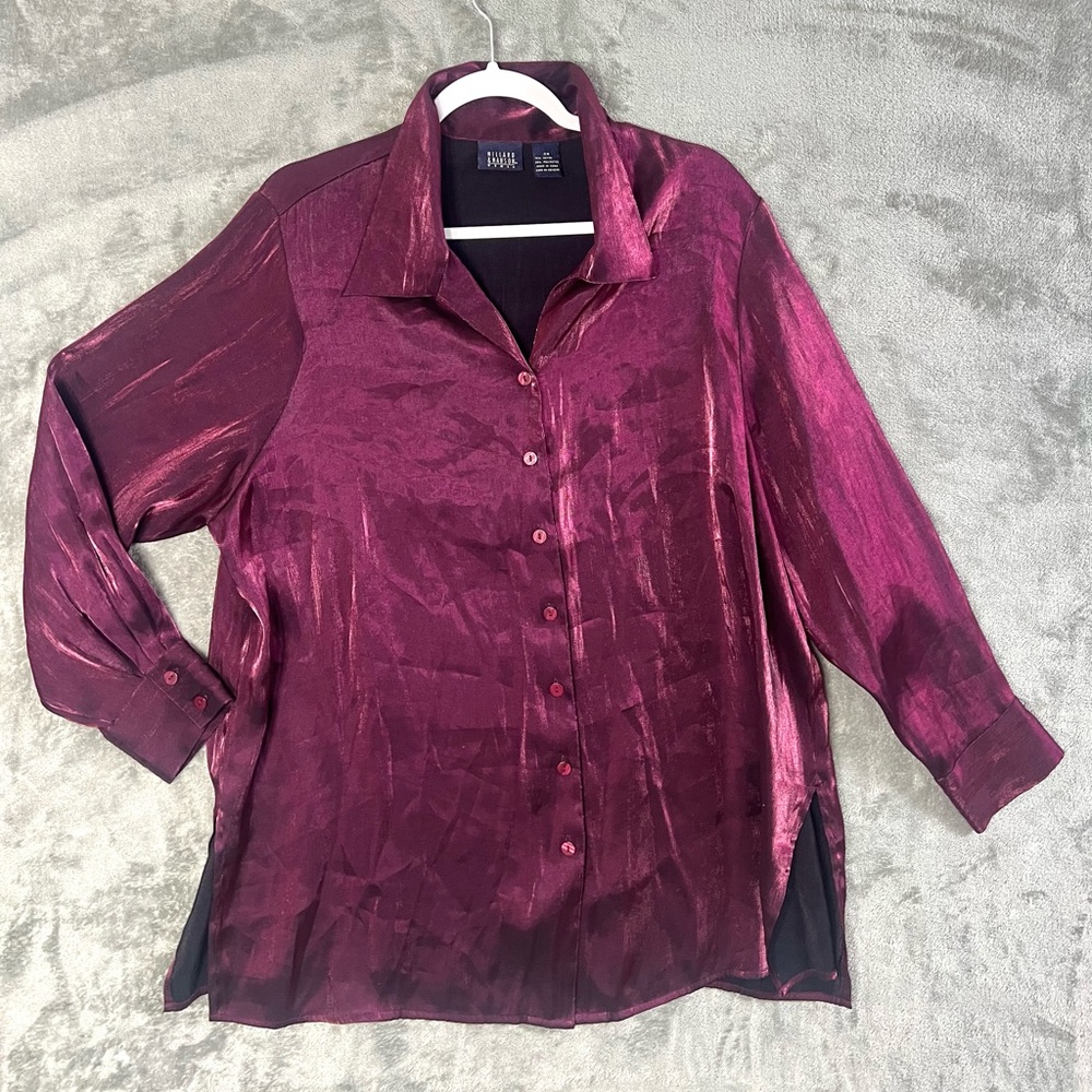 Hillard & Hanson Woman 2X‎ Plum Burgundy Satin Blouse | Vintage Y2K Button Down